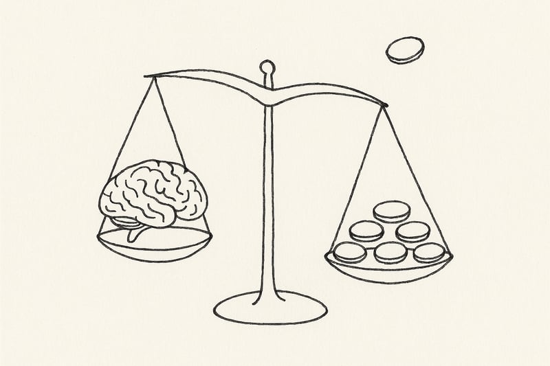 A small brain sketch weighs seven tiny tokens while an eighth hovers, hinting at overload and the need for a simple, fair decision aid.